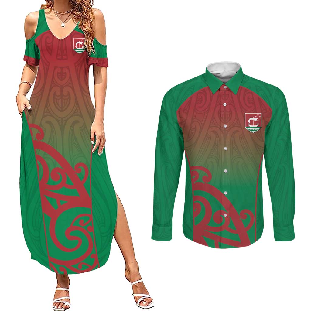 Custom Onehunga High School Couples Matching Summer Maxi Dress and Long Sleeve Button Shirt Maori Koru Pattern