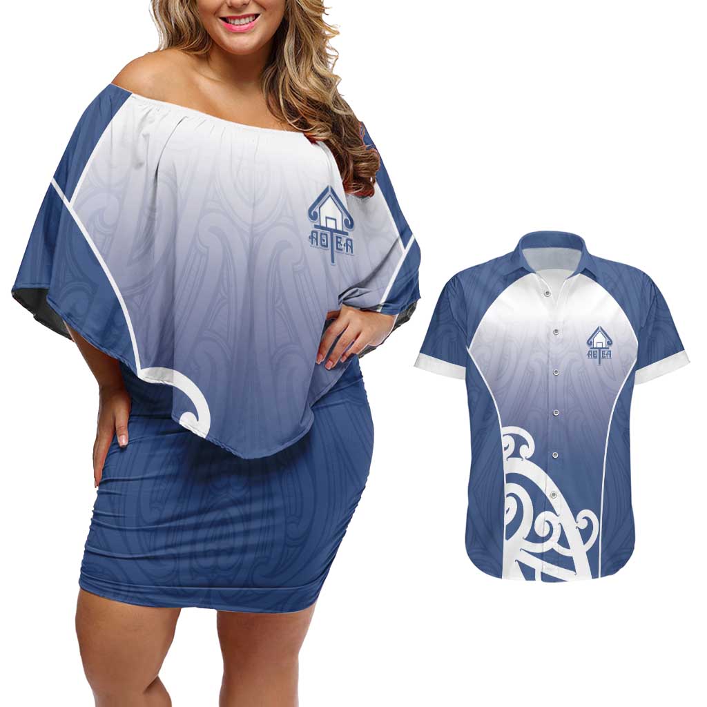 Custom New Zealand Aotea College Couples Matching Off Shoulder Short Dress and Hawaiian Shirt Maori Koru Pattern