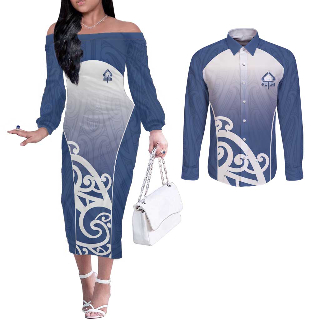 Custom New Zealand Aotea College Couples Matching Off The Shoulder Long Sleeve Dress and Long Sleeve Button Shirt Maori Koru Pattern