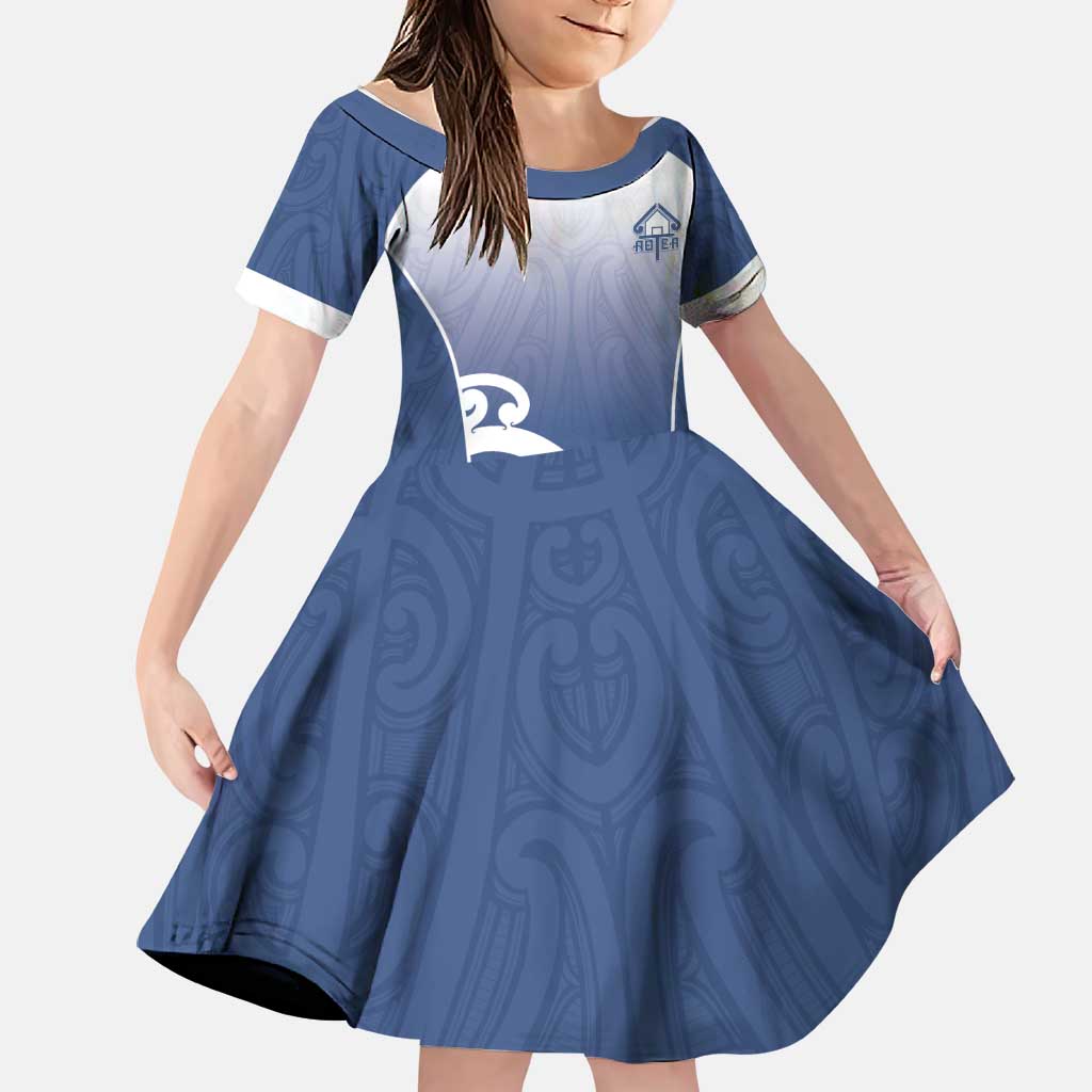 Custom New Zealand Aotea College Family Matching Off Shoulder Short Dress and Hawaiian Shirt Maori Koru Pattern LT05 Daughter's Dress Blue - Polynesian Pride