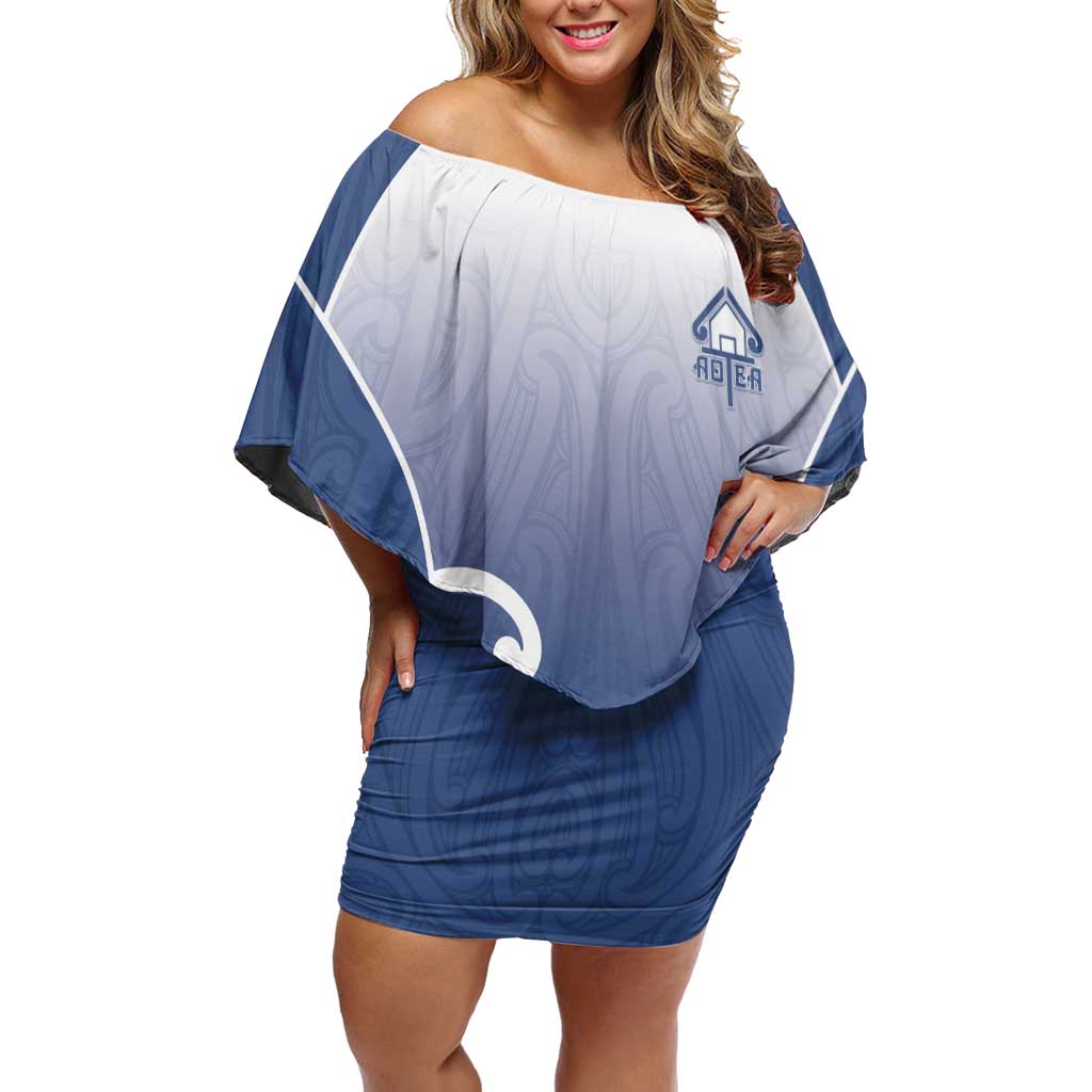 Custom New Zealand Aotea College Family Matching Off Shoulder Short Dress and Hawaiian Shirt Maori Koru Pattern LT05 Mom's Dress Blue - Polynesian Pride
