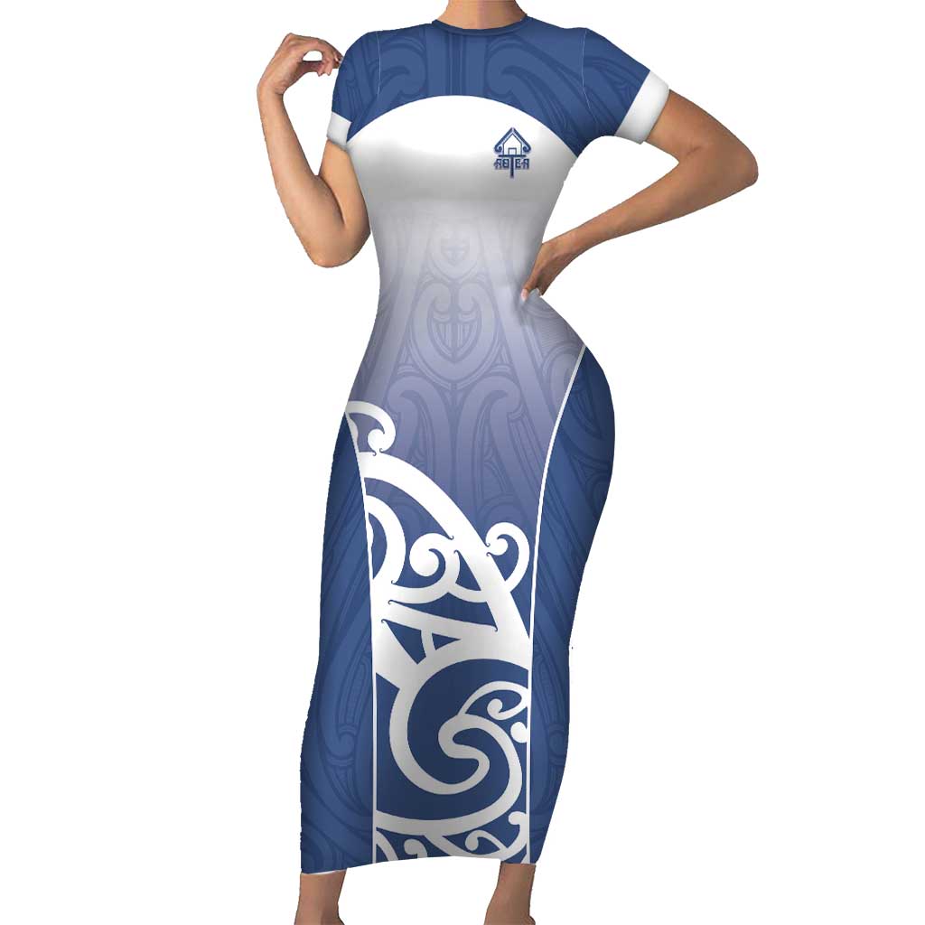 Custom New Zealand Aotea College Family Matching Short Sleeve Bodycon Dress and Hawaiian Shirt Maori Koru Pattern LT05 Mom's Dress Blue - Polynesian Pride