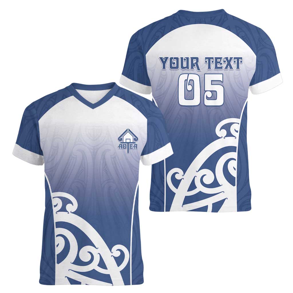 Custom New Zealand Aotea College Women V-Neck T-Shirt Maori Koru Pattern