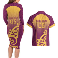 Custom Waiuku College Couples Matching Long Sleeve Bodycon Dress and Hawaiian Shirt Maori Koru Pattern
