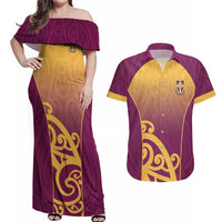 Custom Waiuku College Couples Matching Off Shoulder Maxi Dress and Hawaiian Shirt Maori Koru Pattern