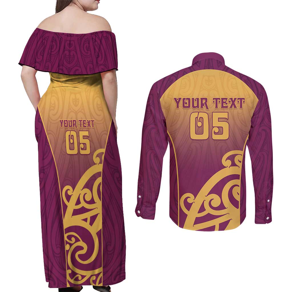 Custom Waiuku College Couples Matching Off Shoulder Maxi Dress and Long Sleeve Button Shirt Maori Koru Pattern