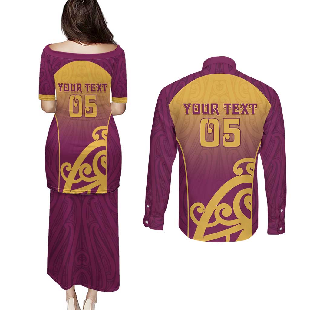 Custom Waiuku College Couples Matching Puletasi and Long Sleeve Button Shirt Maori Koru Pattern