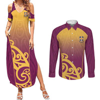 Custom Waiuku College Couples Matching Summer Maxi Dress and Long Sleeve Button Shirt Maori Koru Pattern