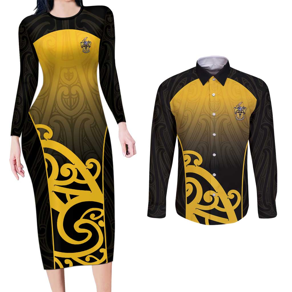 Custom Motueka High School Couples Matching Long Sleeve Bodycon Dress and Long Sleeve Button Shirt Maori Koru Pattern