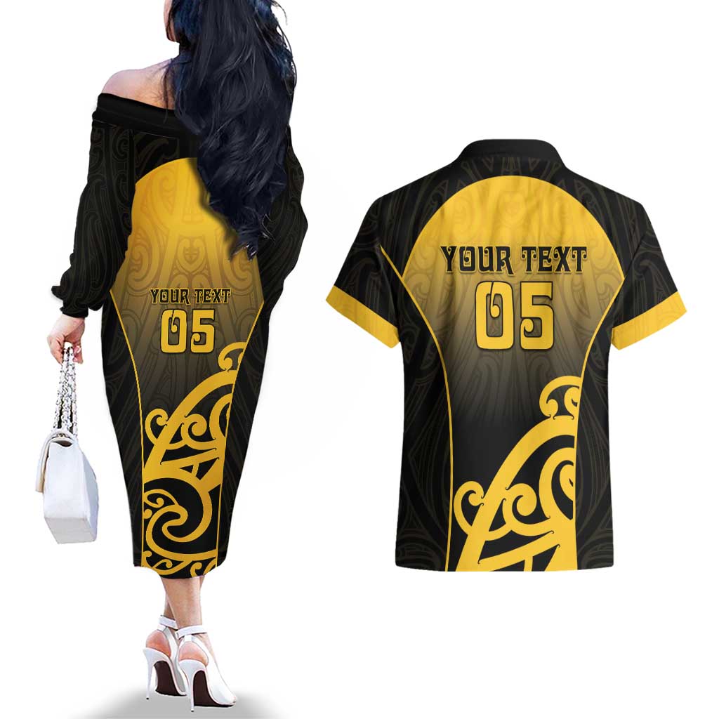 Custom Motueka High School Couples Matching Off The Shoulder Long Sleeve Dress and Hawaiian Shirt Maori Koru Pattern