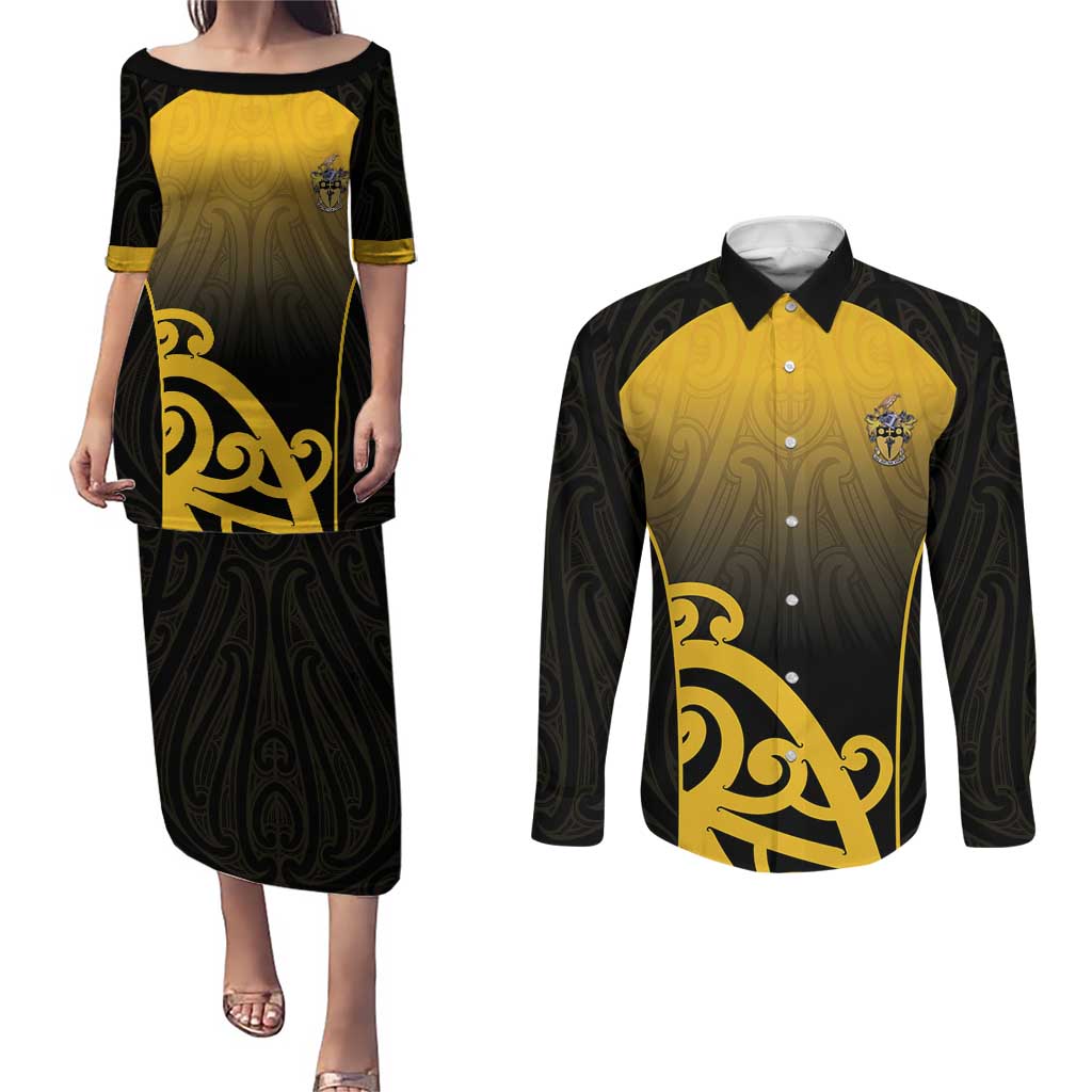 Custom Motueka High School Couples Matching Puletasi and Long Sleeve Button Shirt Maori Koru Pattern