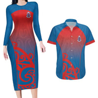 Custom St Joseph's Maori Girls' College Couples Matching Long Sleeve Bodycon Dress and Hawaiian Shirt Maori Koru Pattern LT05 Blue - Polynesian Pride