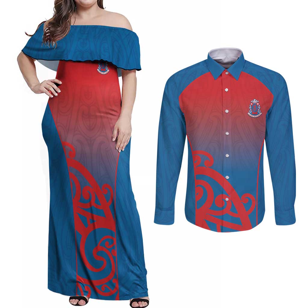 Custom St Joseph's Maori Girls' College Couples Matching Off Shoulder Maxi Dress and Long Sleeve Button Shirt Maori Koru Pattern