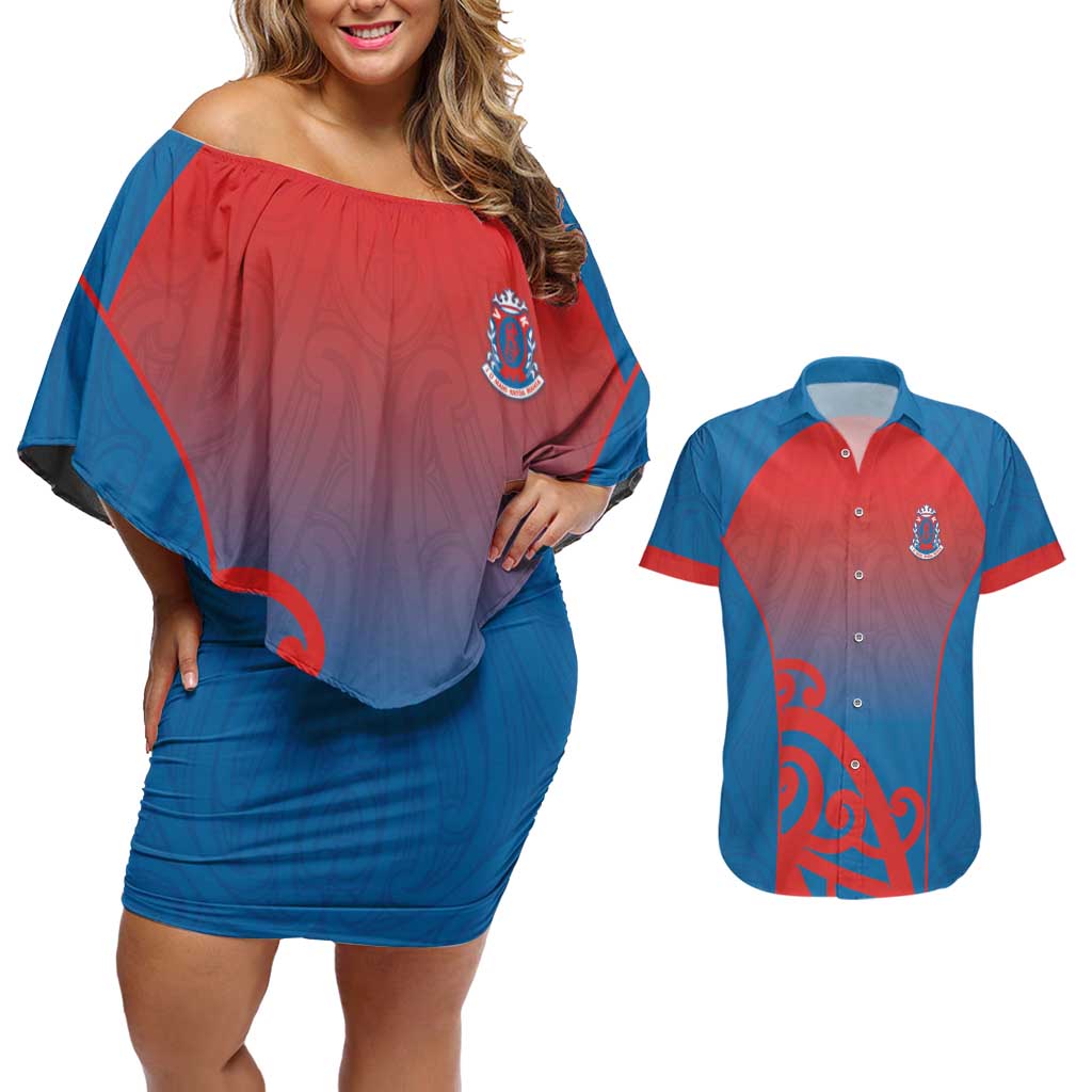 Custom St Joseph's Maori Girls' College Couples Matching Off Shoulder Short Dress and Hawaiian Shirt Maori Koru Pattern
