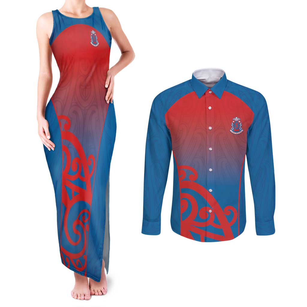 Custom St Joseph's Maori Girls' College Couples Matching Tank Maxi Dress and Long Sleeve Button Shirt Maori Koru Pattern