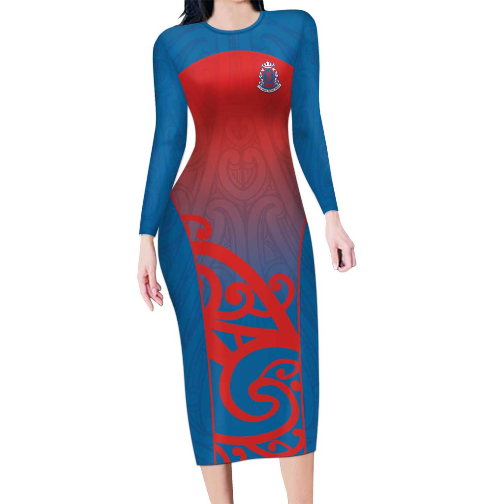 Custom St Joseph's Maori Girls' College Family Matching Long Sleeve Bodycon Dress and Hawaiian Shirt Maori Koru Pattern LT05 Mom's Dress Blue - Polynesian Pride