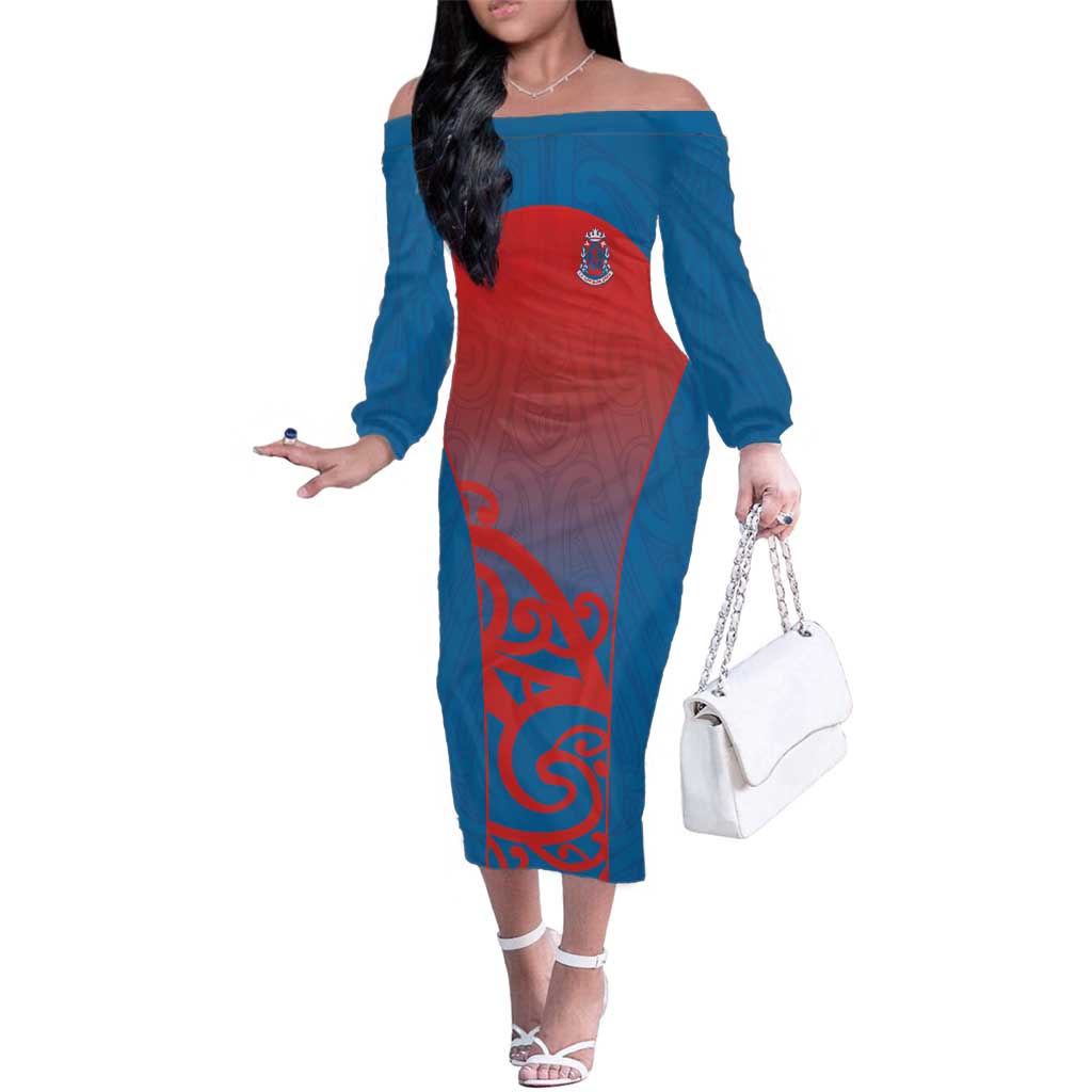 Custom St Joseph's Maori Girls' College Family Matching Off The Shoulder Long Sleeve Dress and Hawaiian Shirt Maori Koru Pattern LT05 Mom's Dress Blue - Polynesian Pride
