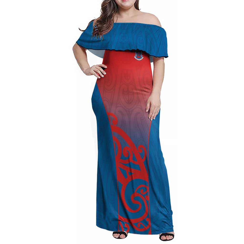 Custom St Joseph's Maori Girls' College Family Matching Off Shoulder Maxi Dress and Hawaiian Shirt Maori Koru Pattern LT05 Mom's Dress Blue - Polynesian Pride