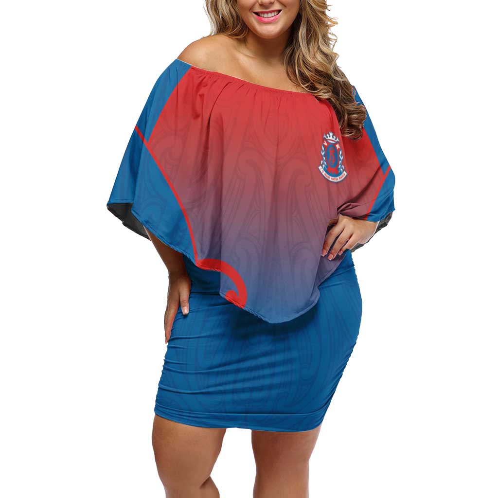 Custom St Joseph's Maori Girls' College Family Matching Off Shoulder Short Dress and Hawaiian Shirt Maori Koru Pattern LT05 Mom's Dress Blue - Polynesian Pride