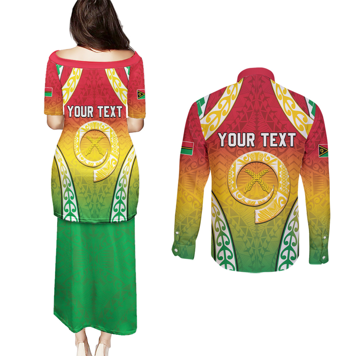 Personalised Vanuatu Couples Matching Puletasi and Long Sleeve Button Shirt Proud To Be A Ni-Van With Tribal Pattern