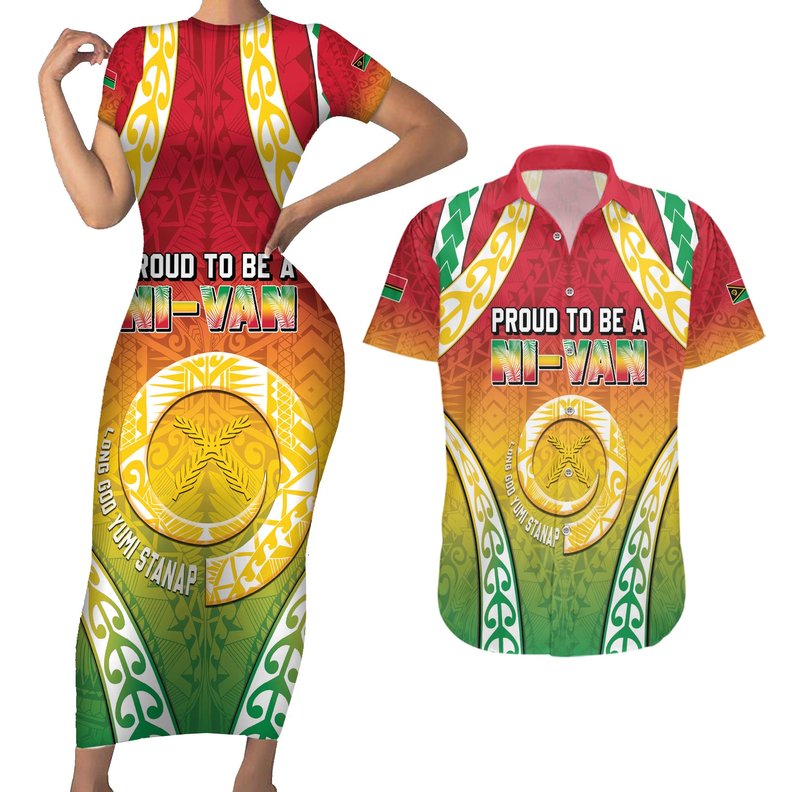 Personalised Vanuatu Couples Matching Short Sleeve Bodycon Dress and Hawaiian Shirt Proud To Be A Ni-Van With Tribal Pattern