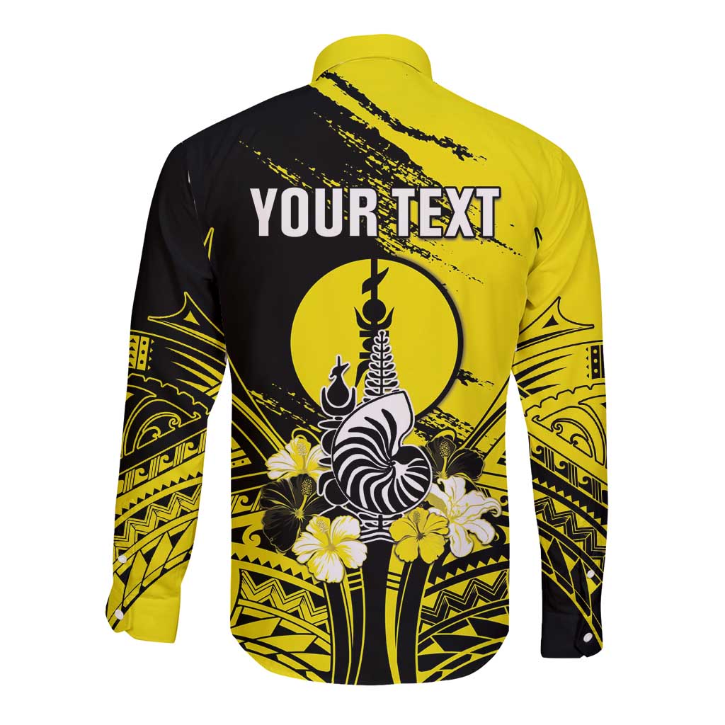 Personalised New Caledonia Day Long Sleeve Button Shirt Kanaky Flag Coat Of Arms Polynesian Pattern