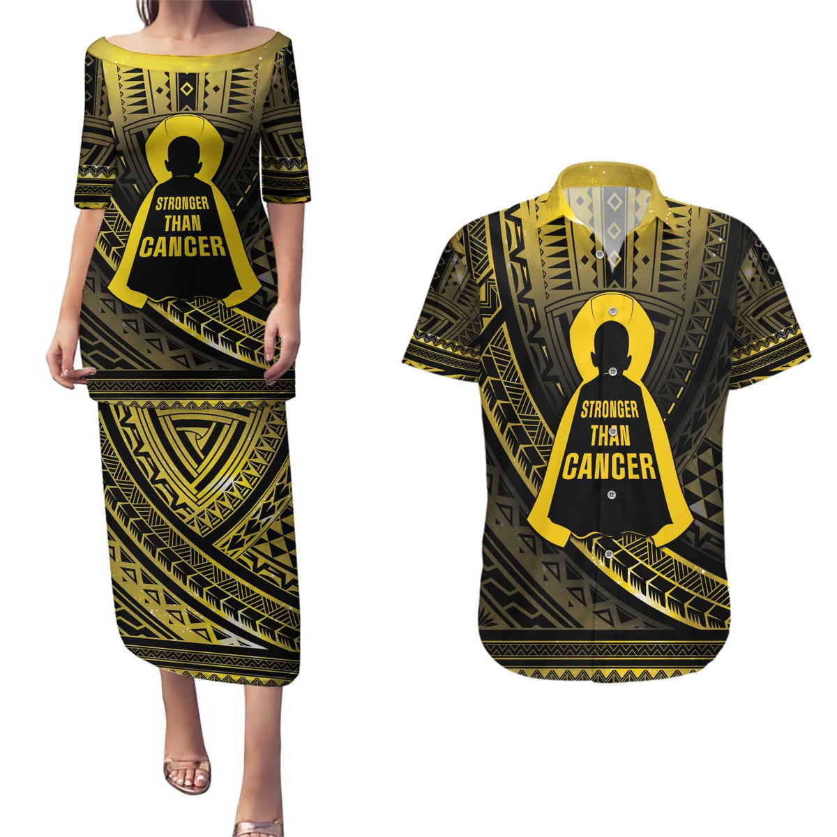 Personalised Polynesia Childhood Cancer Awareness Couples Matching Puletasi and Hawaiian Shirt You Are Stronger Than Cancer