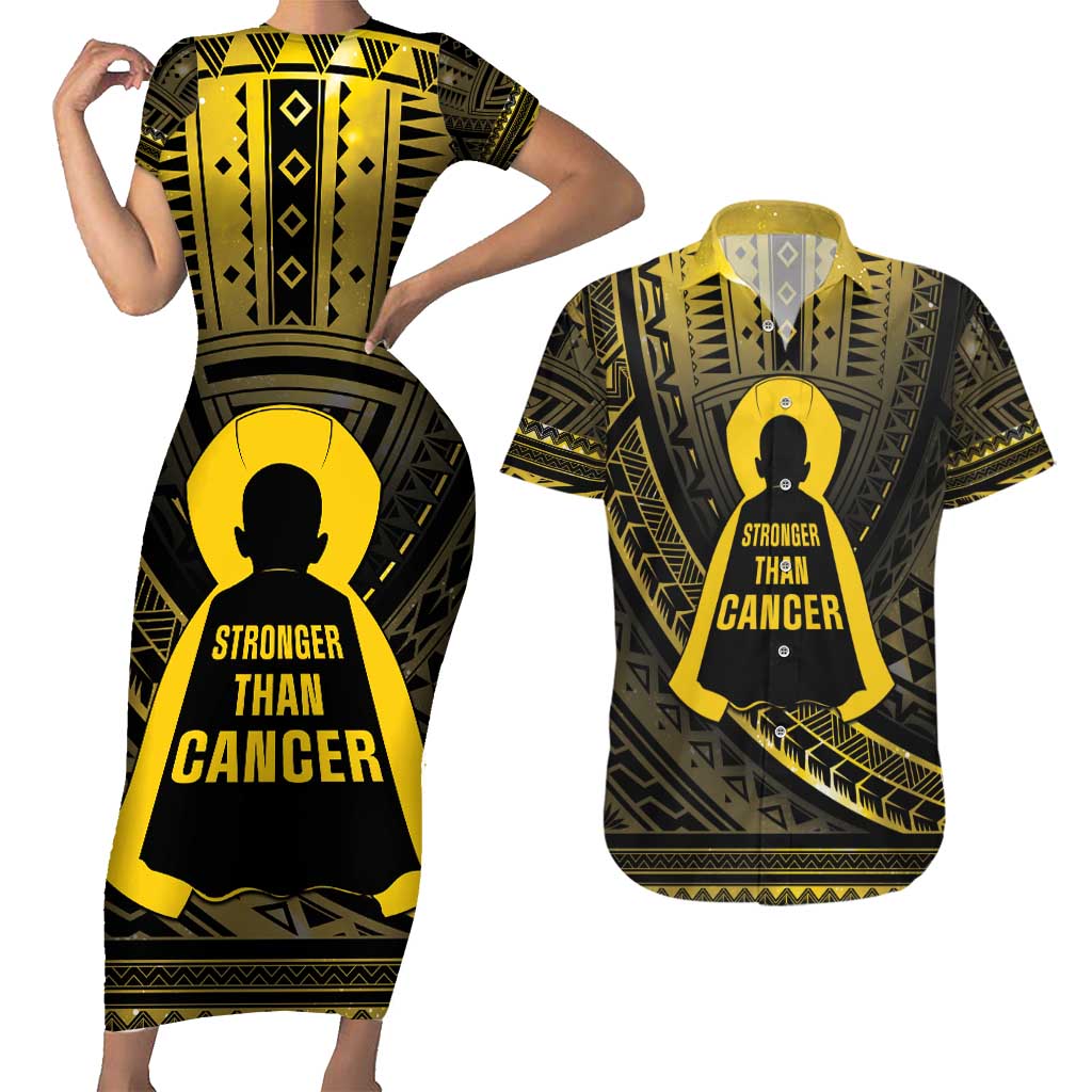 Personalised Polynesia Childhood Cancer Awareness Couples Matching Short Sleeve Bodycon Dress and Hawaiian Shirt You Are Stronger Than Cancer