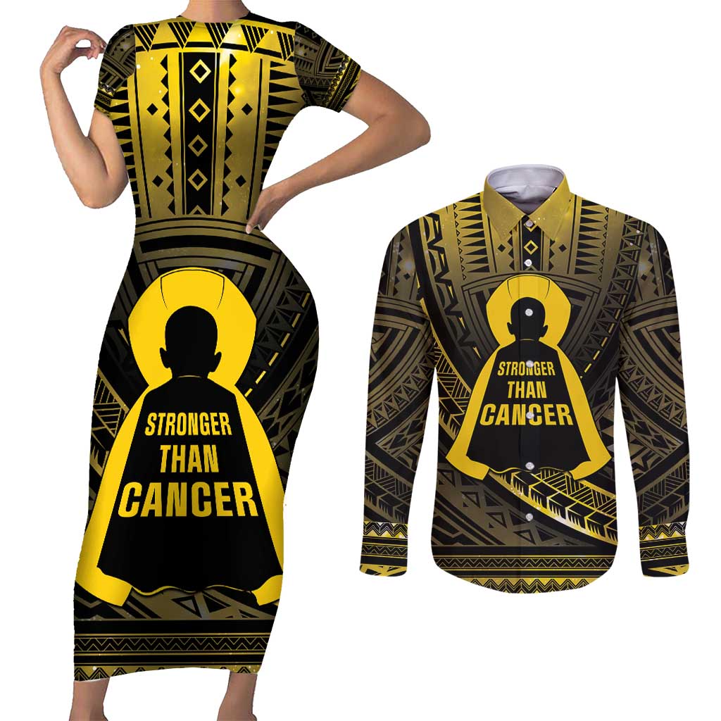 Personalised Polynesia Childhood Cancer Awareness Couples Matching Short Sleeve Bodycon Dress and Long Sleeve Button Shirt You Are Stronger Than Cancer