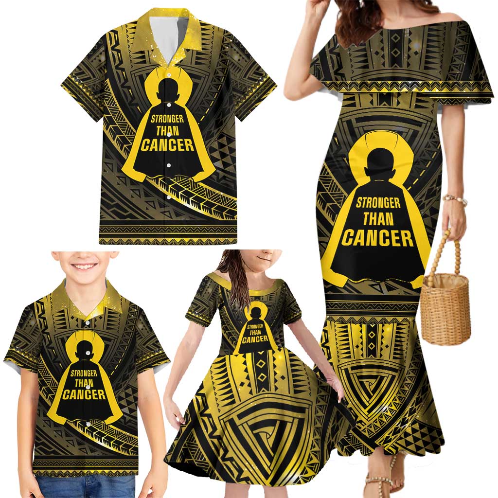Personalised Polynesia Childhood Cancer Awareness Family Matching Mermaid Dress and Hawaiian Shirt You Are Stronger Than Cancer