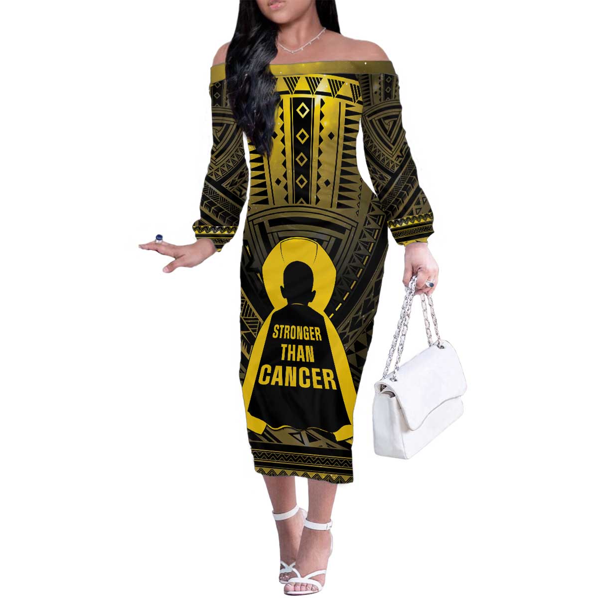 Personalised Polynesia Childhood Cancer Awareness Family Matching Off The Shoulder Long Sleeve Dress and Hawaiian Shirt You Are Stronger Than Cancer