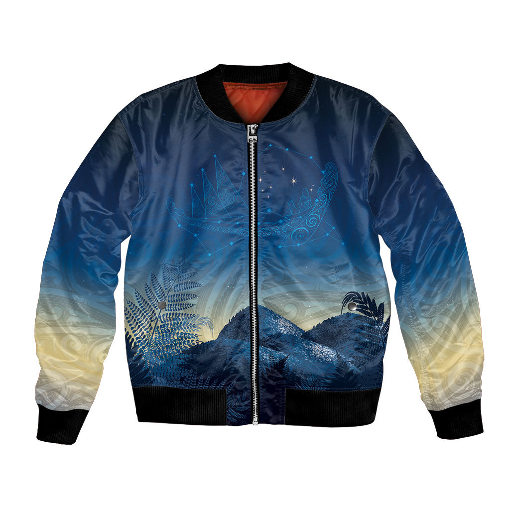 New Zealand Matariki Bomber Jacket Maori Waka With Silver Fern LT05 Unisex Navy - Polynesian Pride