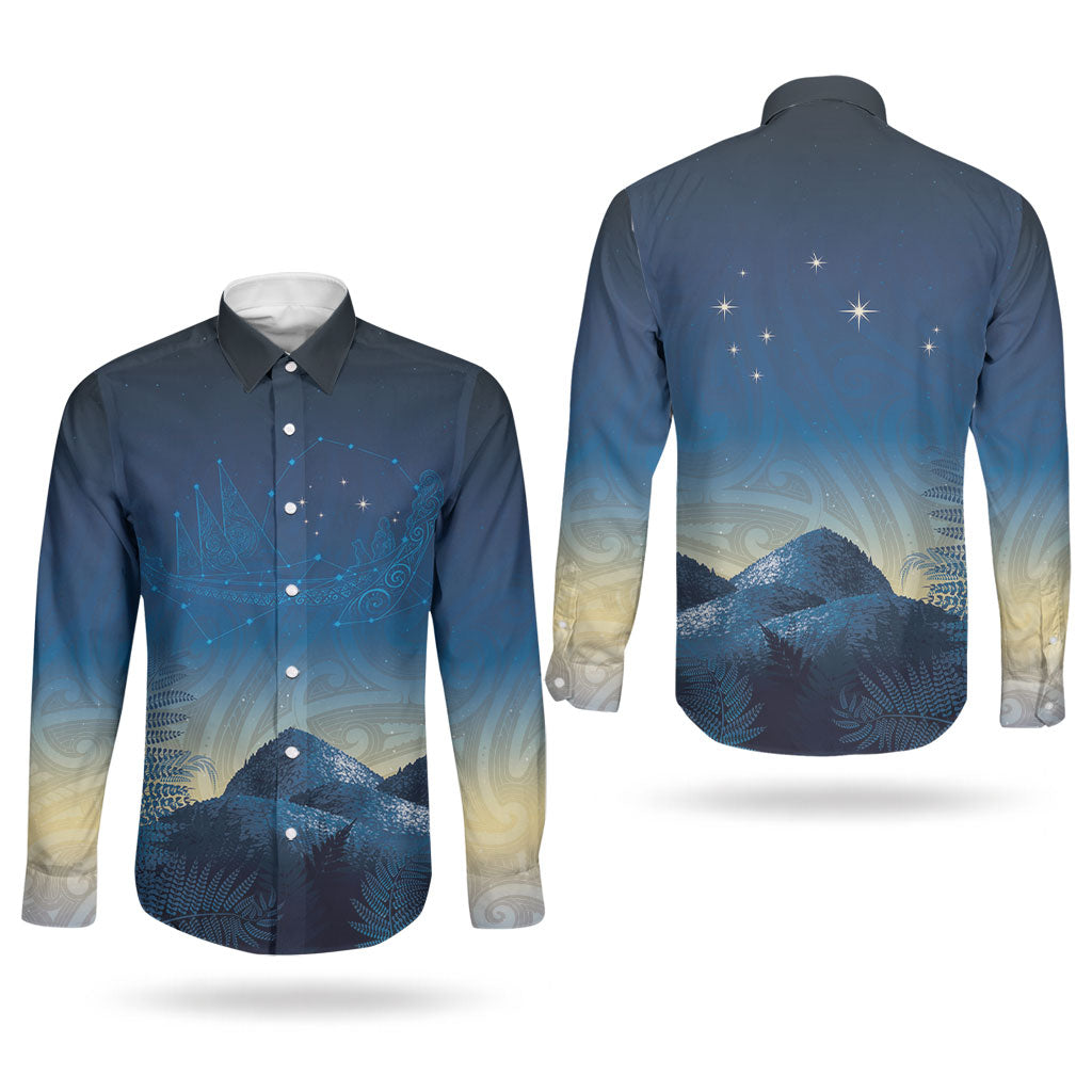 New Zealand Matariki Couples Matching Off The Shoulder Long Sleeve Dress and Long Sleeve Button Shirt Maori Waka With Silver Fern LT05 - Polynesian Pride