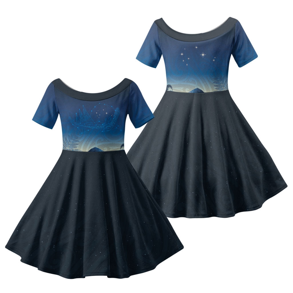 New Zealand Matariki Family Matching Off The Shoulder Long Sleeve Dress and Hawaiian Shirt Maori Waka With Silver Fern LT05 Daughter's Dress Navy - Polynesian Pride