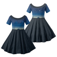 New Zealand Matariki Family Matching Off Shoulder Maxi Dress and Hawaiian Shirt Maori Waka With Silver Fern LT05 Daughter's Dress Navy - Polynesian Pride