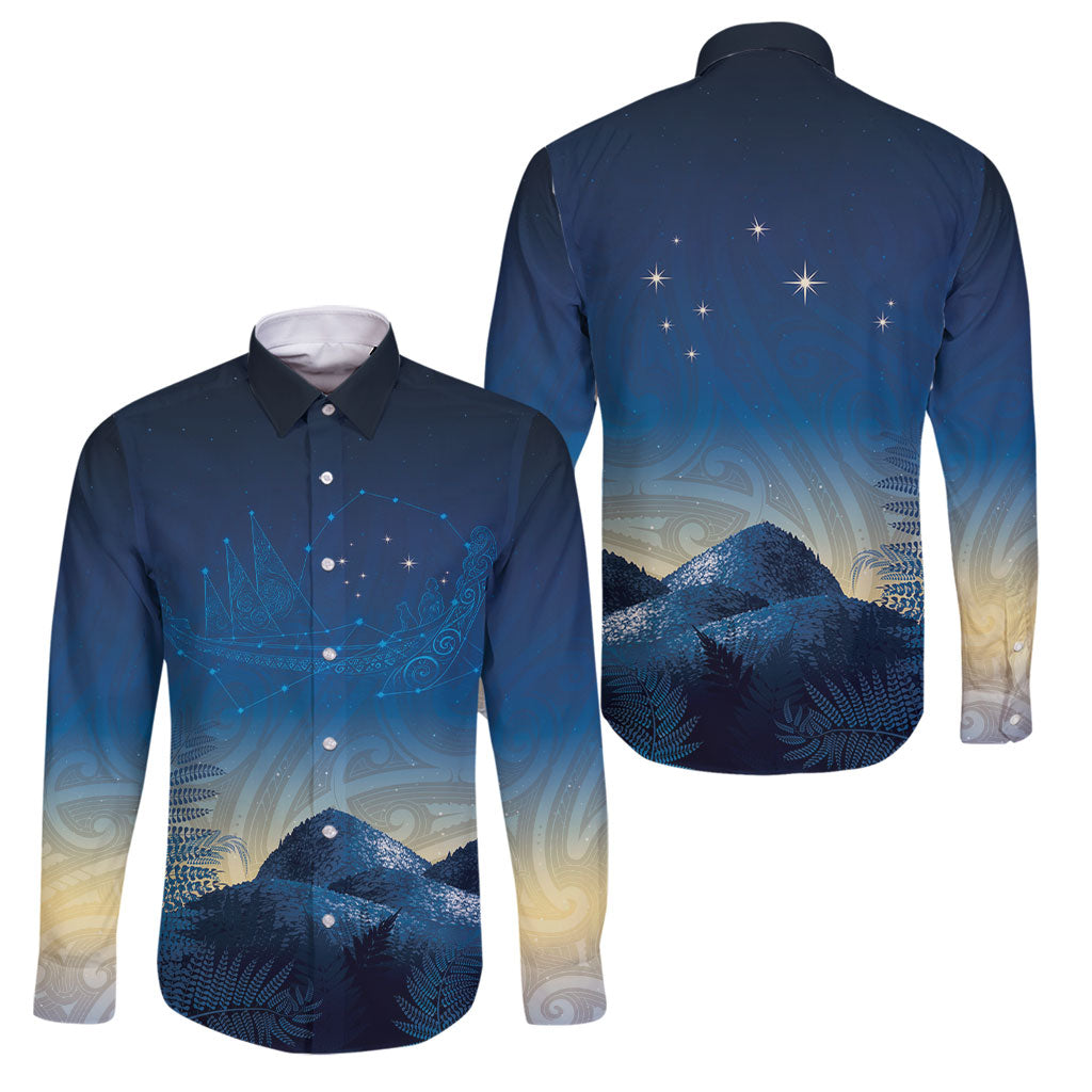 New Zealand Matariki Family Matching Puletasi and Hawaiian Shirt Maori Waka With Silver Fern LT05 Dad's Shirt - Long Sleeve Navy - Polynesian Pride