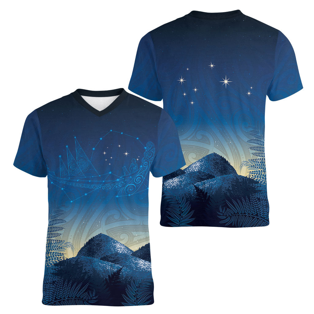 New Zealand Matariki Women V-Neck T-Shirt Maori Waka With Silver Fern LT05 - Polynesian Pride