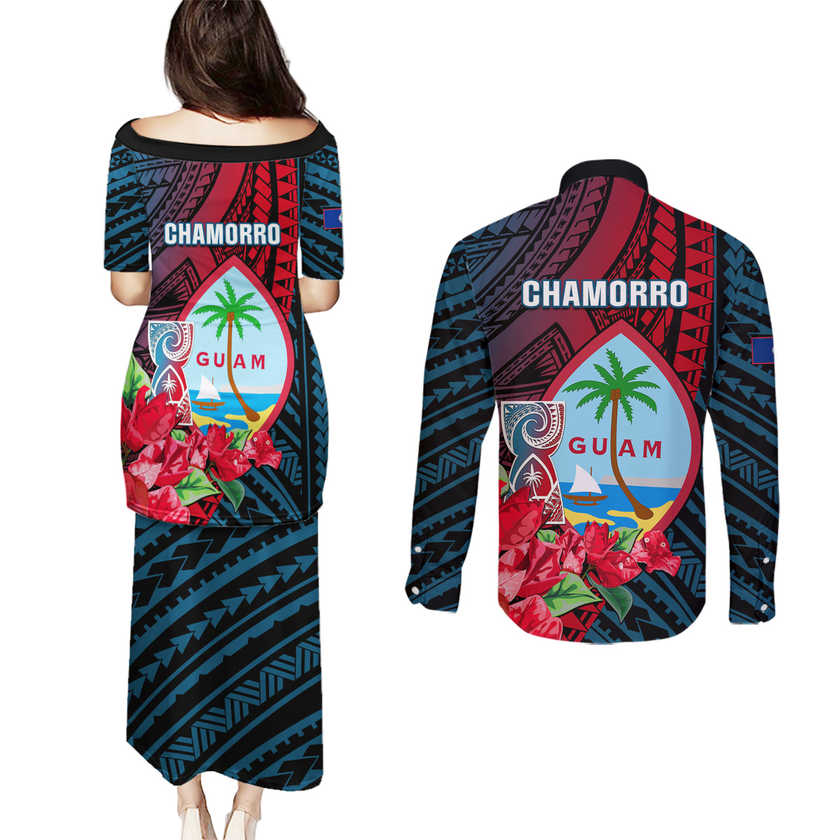Guam Couples Matching Puletasi Dress and Long Sleeve Button Shirts Latte Stone Mix Bougainvillea Polynesian Pattern LT05 - Polynesian Pride
