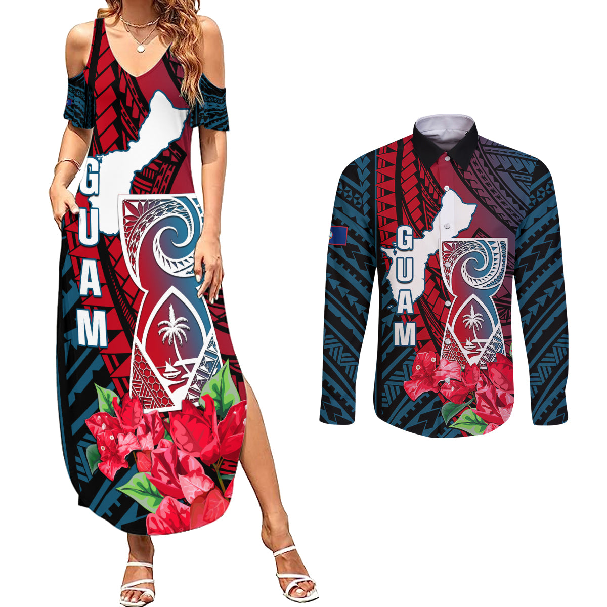 Guam Couples Matching Summer Maxi Dress and Long Sleeve Button Shirts Latte Stone Mix Bougainvillea Polynesian Pattern LT05 Blue - Polynesian Pride