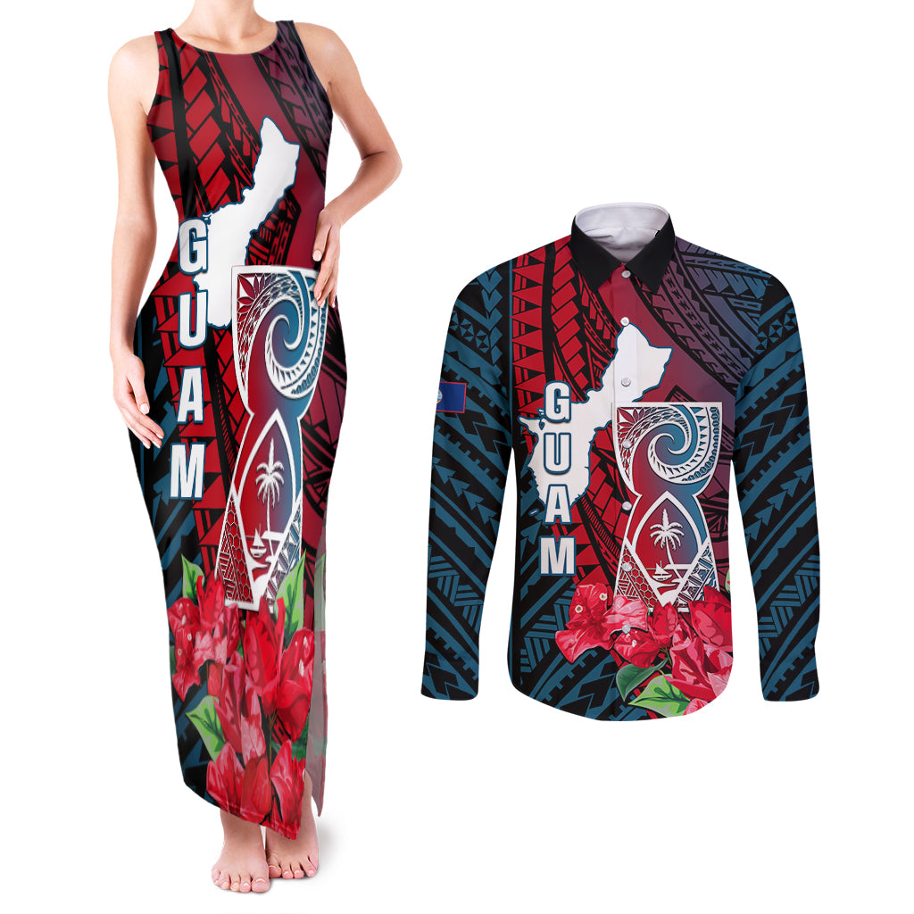 Guam Couples Matching Tank Maxi Dress and Long Sleeve Button Shirts Latte Stone Mix Bougainvillea Polynesian Pattern LT05 Blue - Polynesian Pride