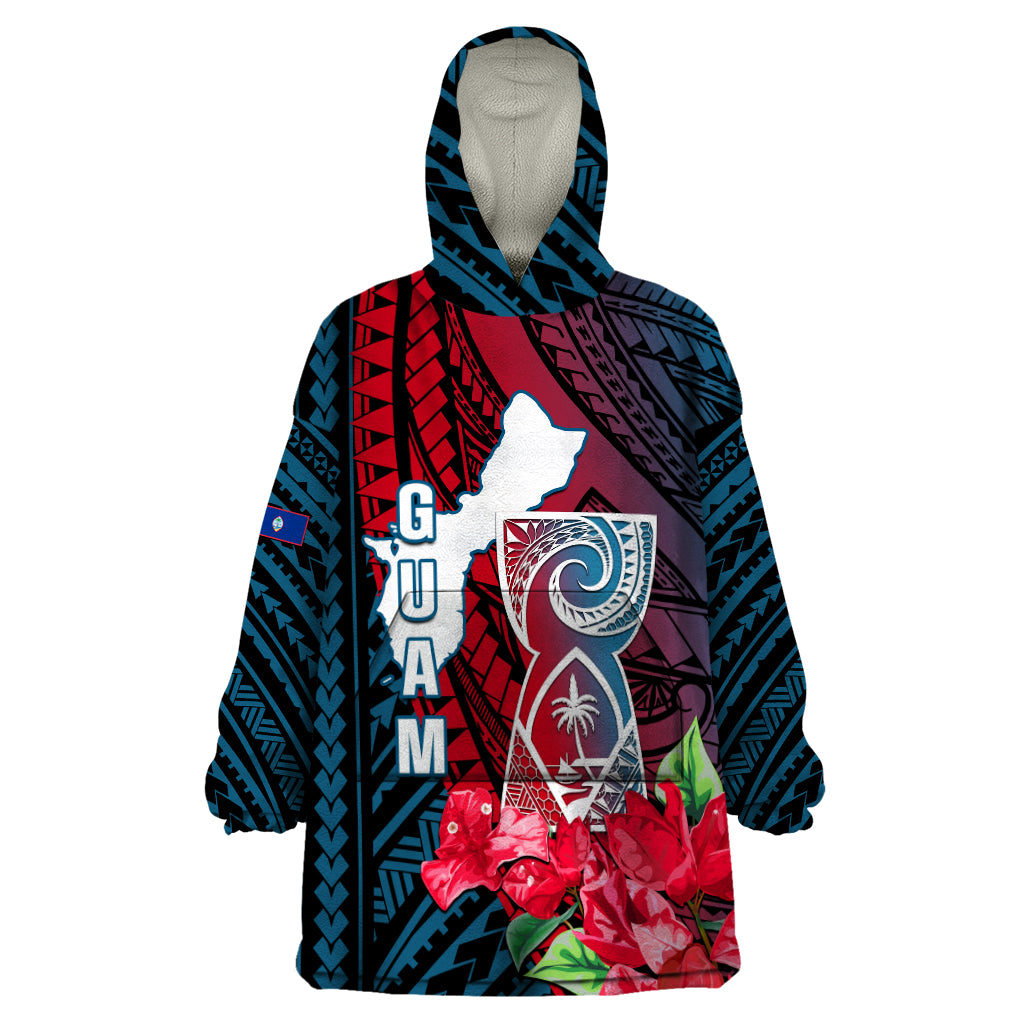 Guam Wearable Blanket Hoodie Latte Stone Mix Bougainvillea Polynesian Pattern LT05 One Size Blue - Polynesian Pride