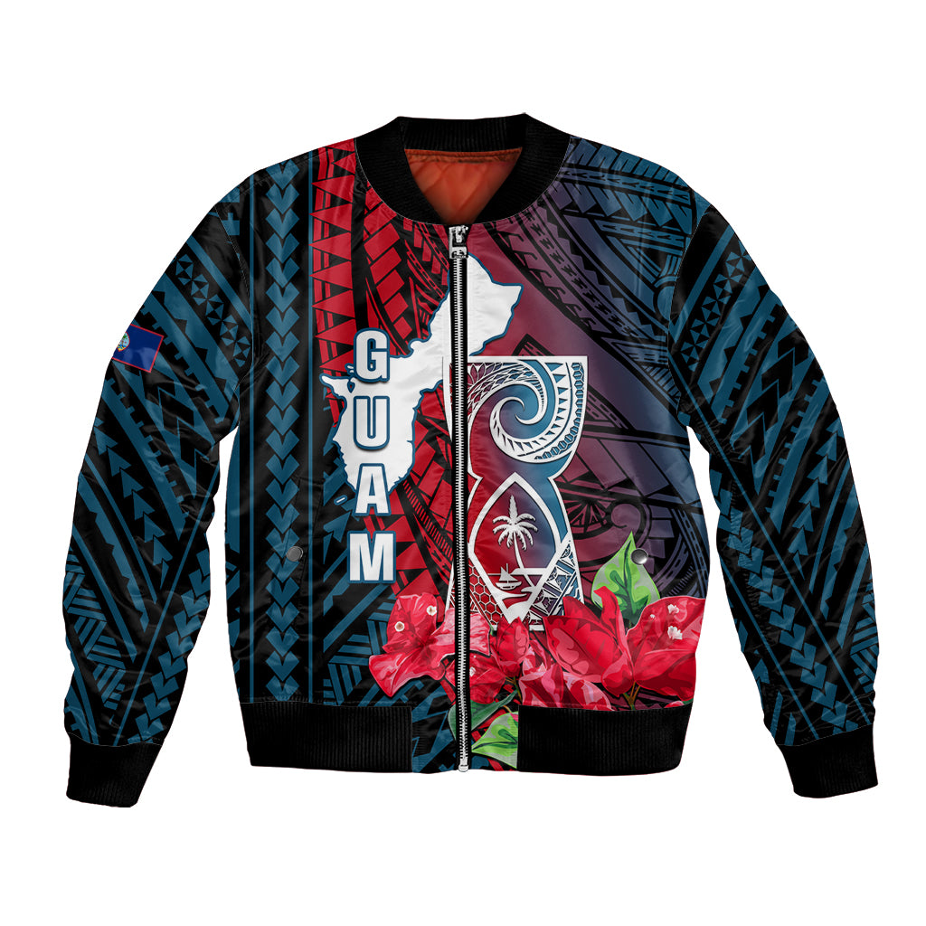 Personalized Guam Bomber Jacket Latte Stone Mix Bougainvillea Polynesian Pattern LT05 Unisex Blue - Polynesian Pride