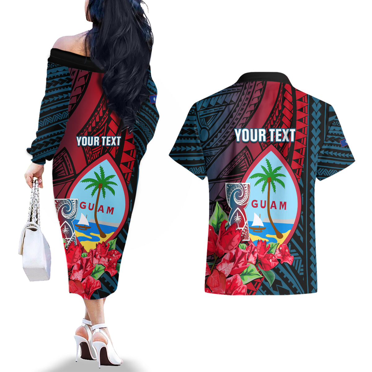 Personalized Guam Couples Matching Off The Shoulder Long Sleeve Dress and Hawaiian Shirt Latte Stone Mix Bougainvillea Polynesian Pattern LT05 - Polynesian Pride