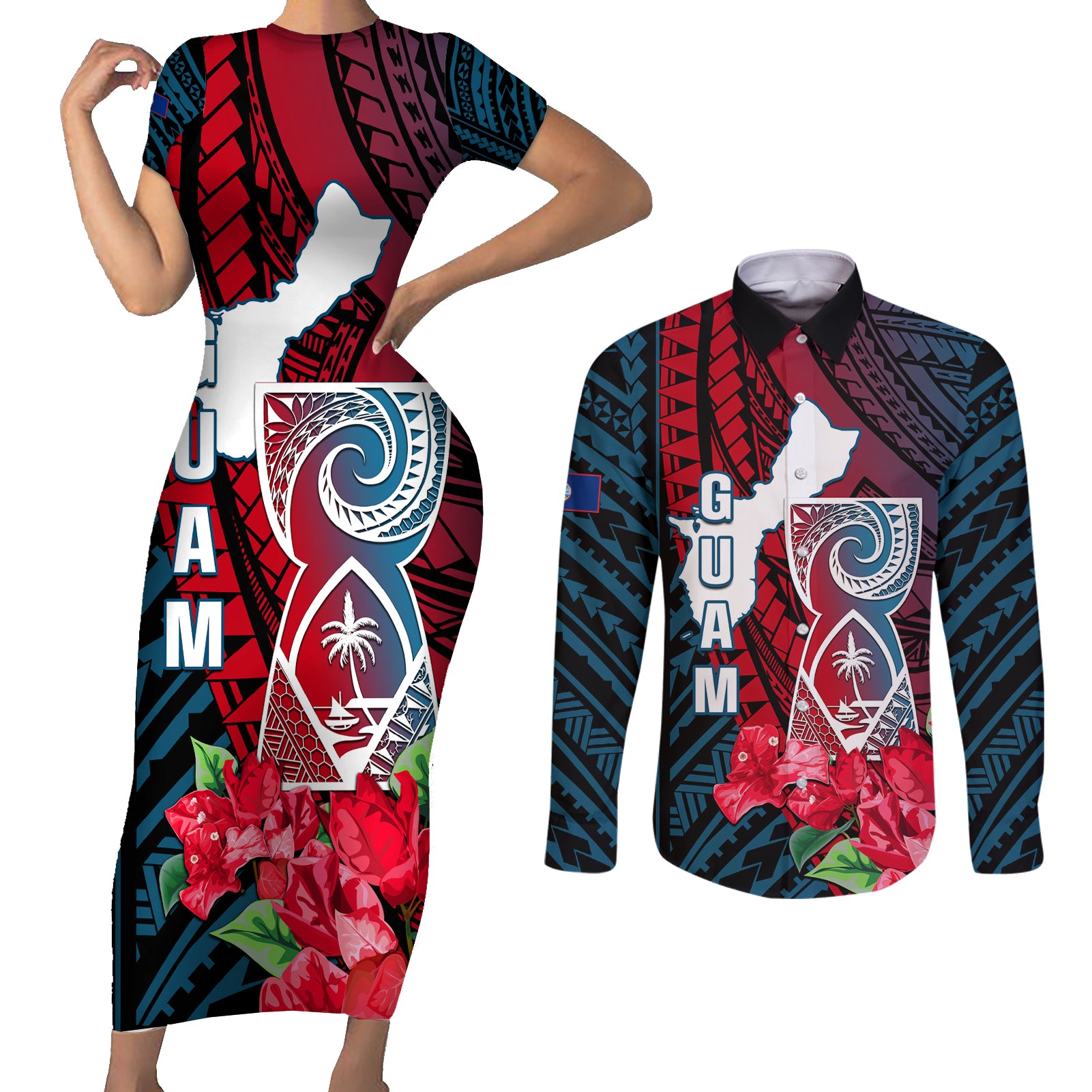 Personalized Guam Couples Matching Short Sleeve Bodycon Dress and Long Sleeve Button Shirts Latte Stone Mix Bougainvillea Polynesian Pattern LT05 Blue - Polynesian Pride