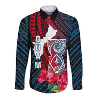 Personalized Guam Long Sleeve Button Shirt Latte Stone Mix Bougainvillea Polynesian Pattern LT05 Unisex Blue - Polynesian Pride