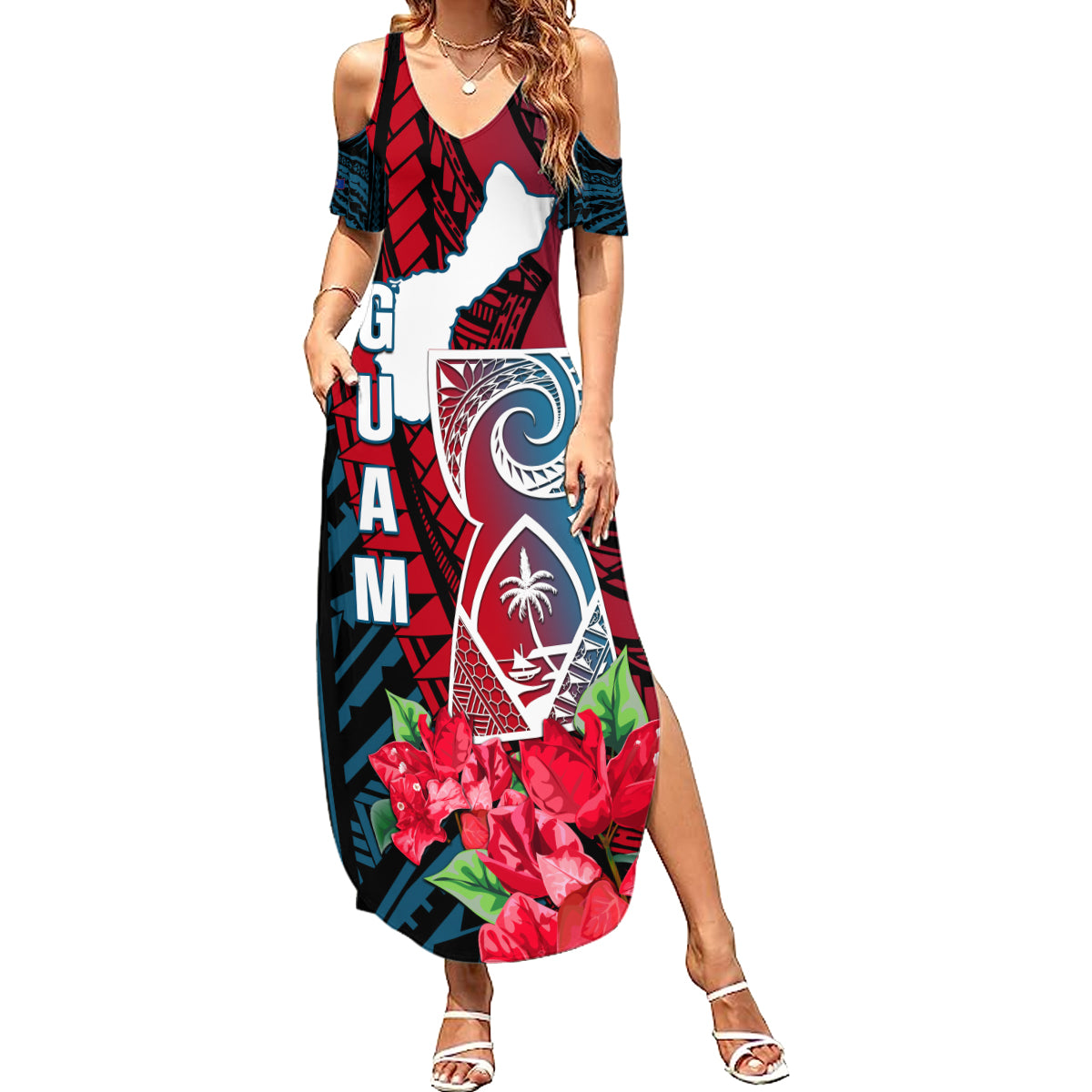 Personalized Guam Summer Maxi Dress Latte Stone Mix Bougainvillea Polynesian Pattern LT05 Women Blue - Polynesian Pride