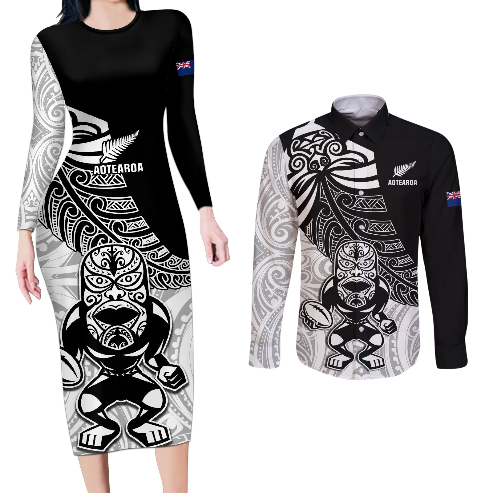 New Zealand Silver Fern Rugby Couples Matching Long Sleeve Bodycon Dress and Long Sleeve Button Shirts World Cup 2023 Go Aotearoa Maori Pattern LT05 Black - Polynesian Pride