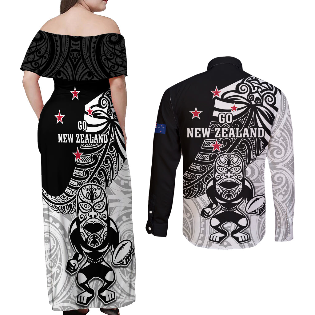 New Zealand Silver Fern Rugby Couples Matching Off Shoulder Maxi Dress and Long Sleeve Button Shirts World Cup 2023 Go Aotearoa Maori Pattern LT05 - Polynesian Pride