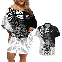 New Zealand Silver Fern Rugby Couples Matching Off Shoulder Short Dress and Hawaiian Shirt World Cup 2023 Go Aotearoa Maori Pattern LT05 Black - Polynesian Pride