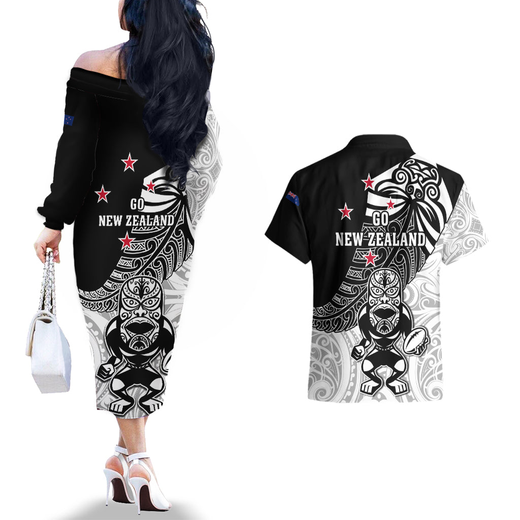 New Zealand Silver Fern Rugby Couples Matching Off The Shoulder Long Sleeve Dress and Hawaiian Shirt World Cup 2023 Go Aotearoa Maori Pattern LT05 - Polynesian Pride
